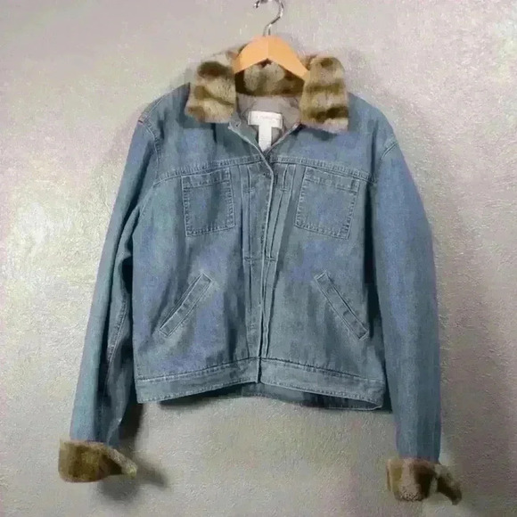 VINTAGE 90s Liz Claiborne Jean Faux Fur Cuff Collar Chore Trucker Coat Women XL - Picture 1 of 16